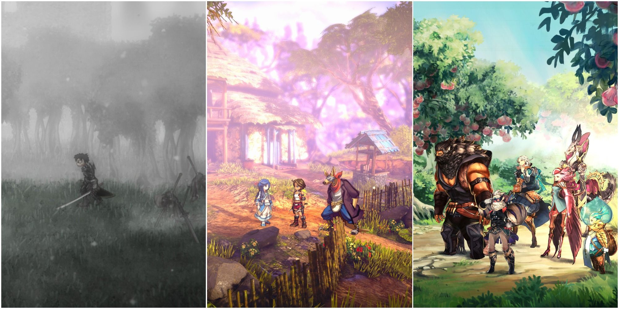 A collage showing gameplay in Salt and Sanctuary, Eiyedun Chronicle: Rising, and Astria Ascending