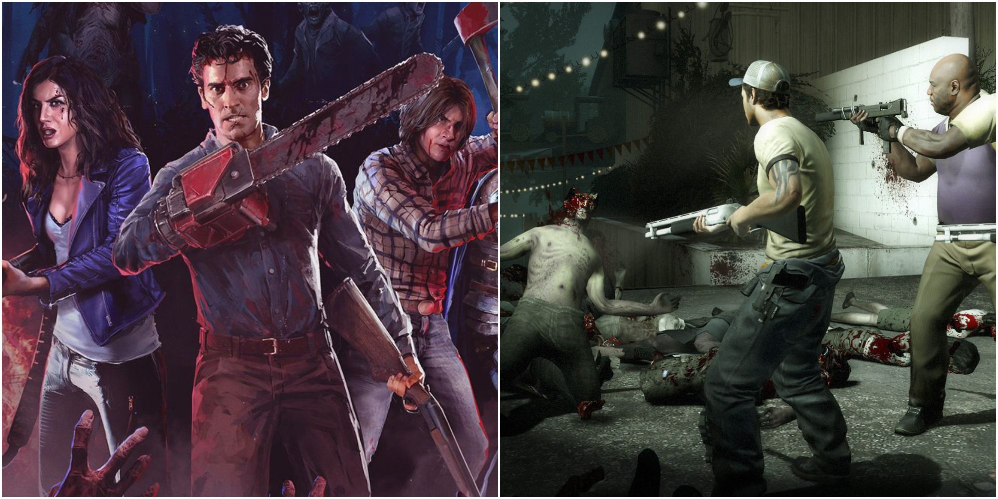 A collage showing Ash and crew in Evil Dead: The Game and a group of survivor fighting off zombies in Left 4 Dead 2