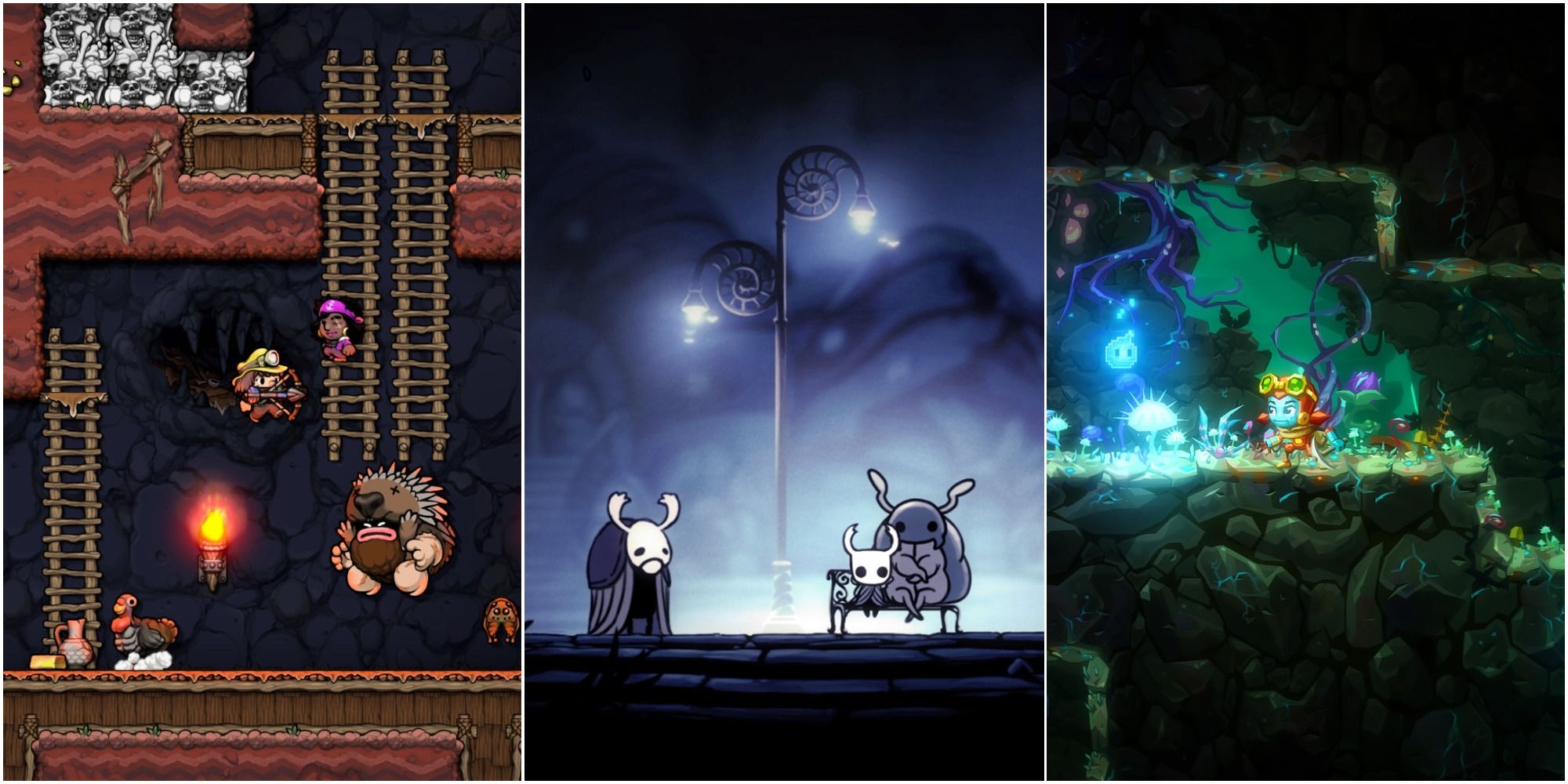 A screenshot showing scenes and gameplay in Spelunky 2, Hollow Knight, and SteamWorld Dig 2