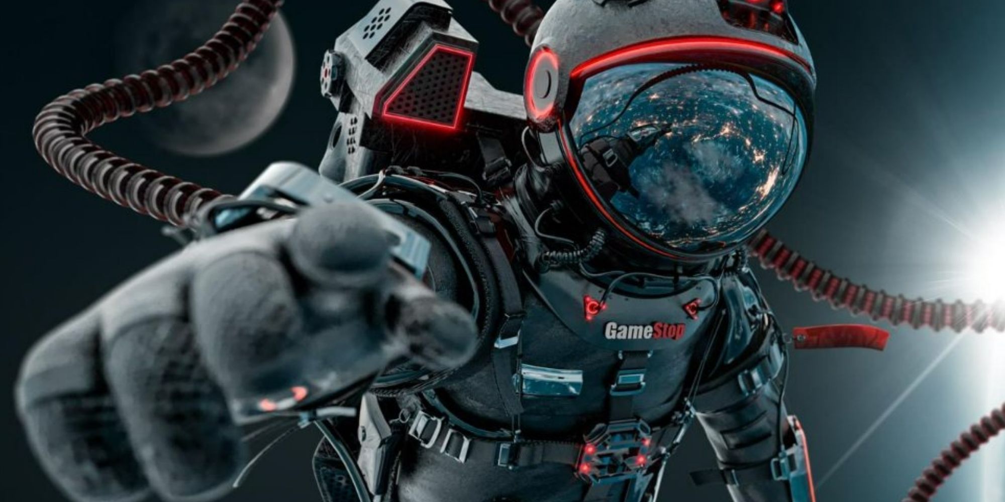 An astronaut in space with a GameStop logo on their suit