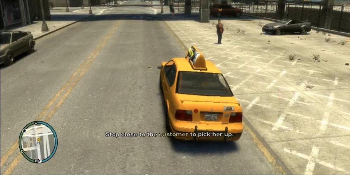 A screenshot showing a taxi pulling up in front of a customer in Grand Theft Auto 4