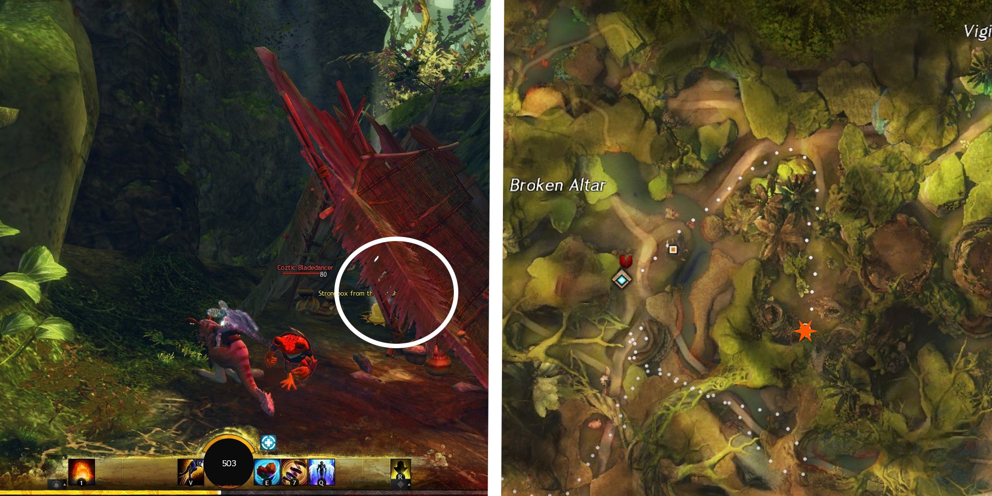 player at the Unsolved Conundrum Strongbox next to image of location on map