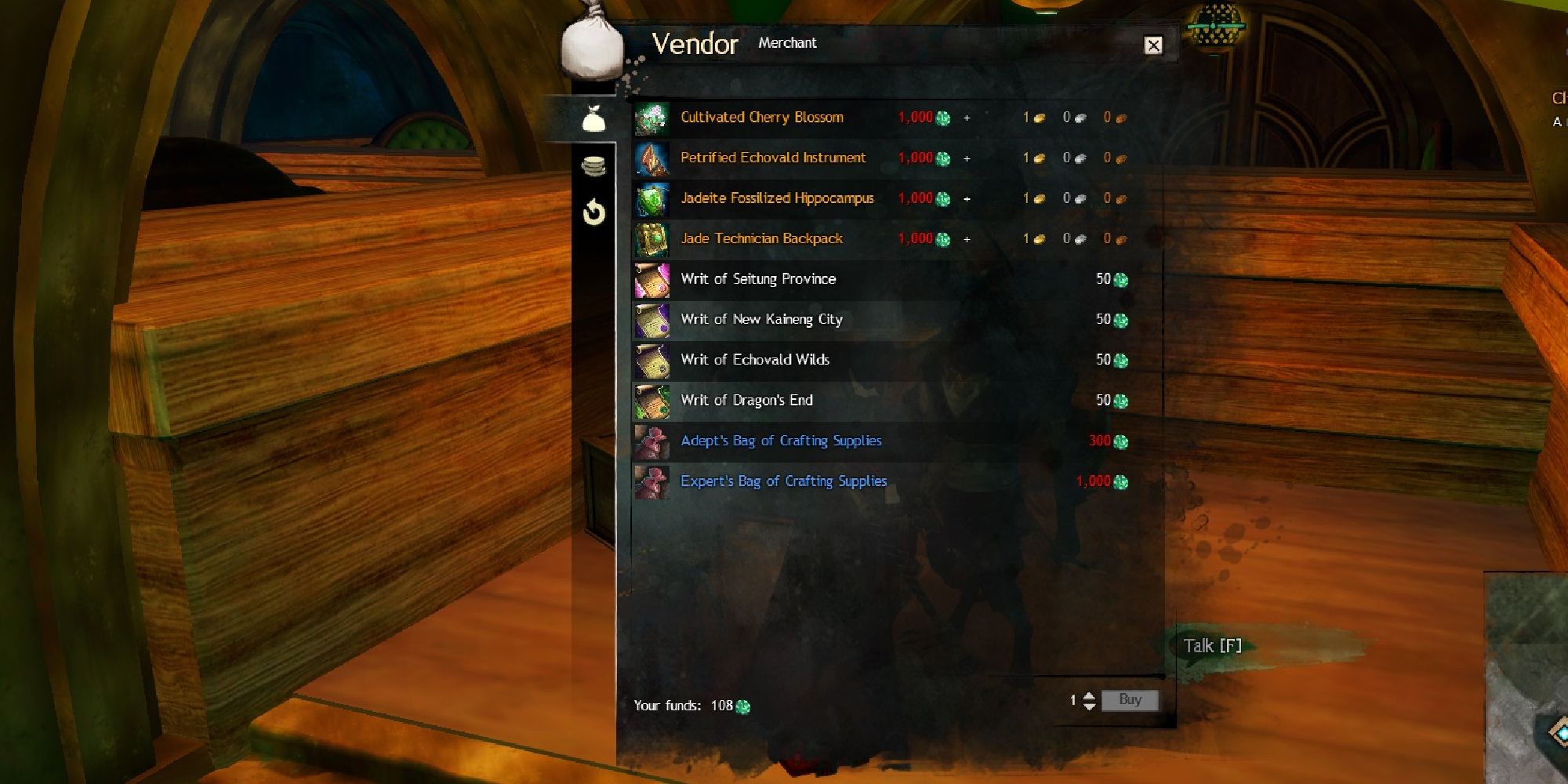 player speaking with a vendor that sells items for canach coins