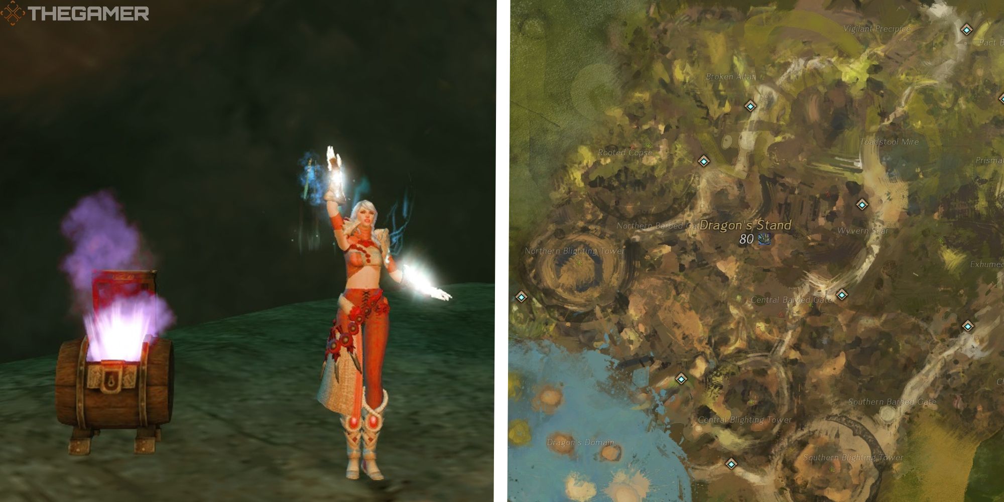 image of player waving next to a strongbox next to image of dragons stand map