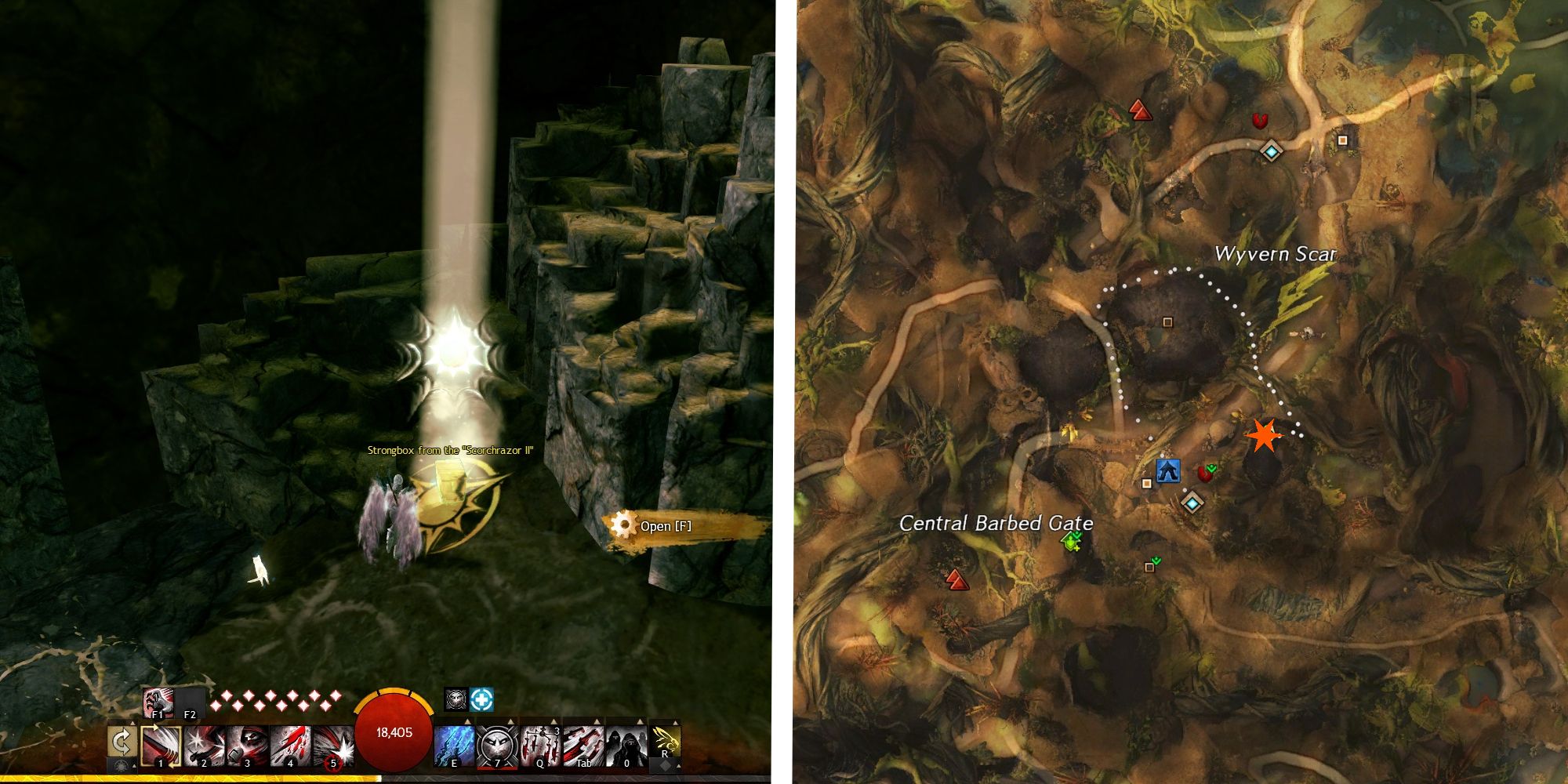 image of player at scorchrazor II strongbox next to image of location on map