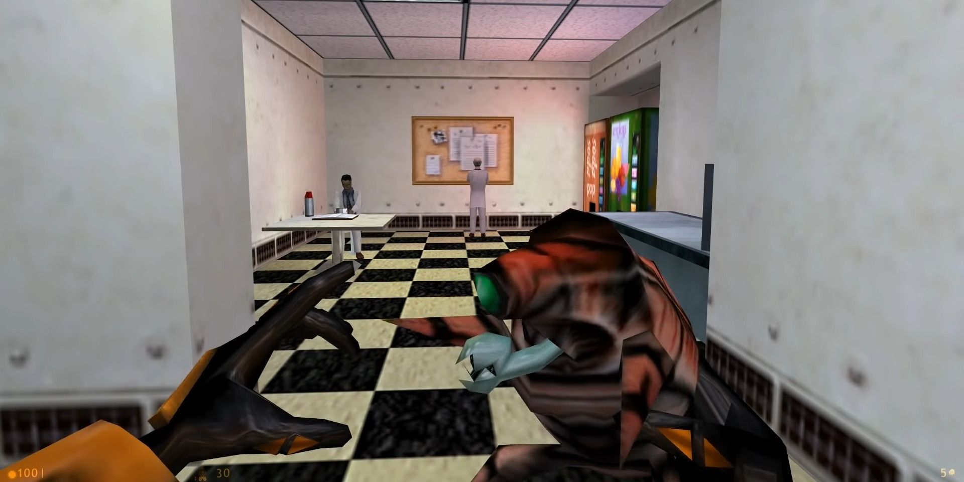 A screenshot showing Gordon taunting a snark in Half-Life