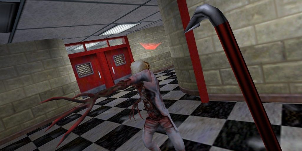 A screenshot showing Gordon fighting off a head crab-infested scientist in Half-Life