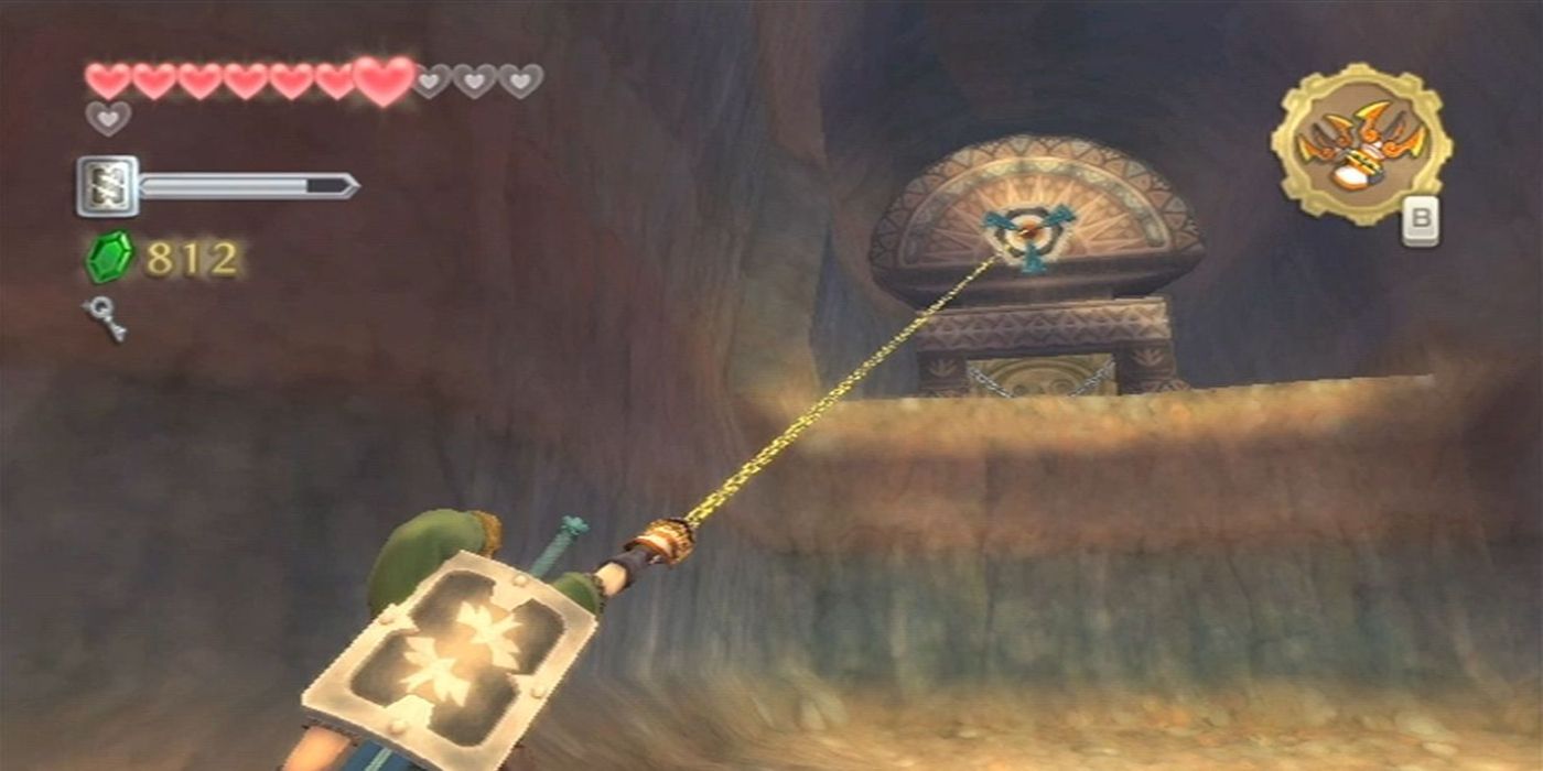 Link using the hookshot in Skyward Sword to reach a higher location