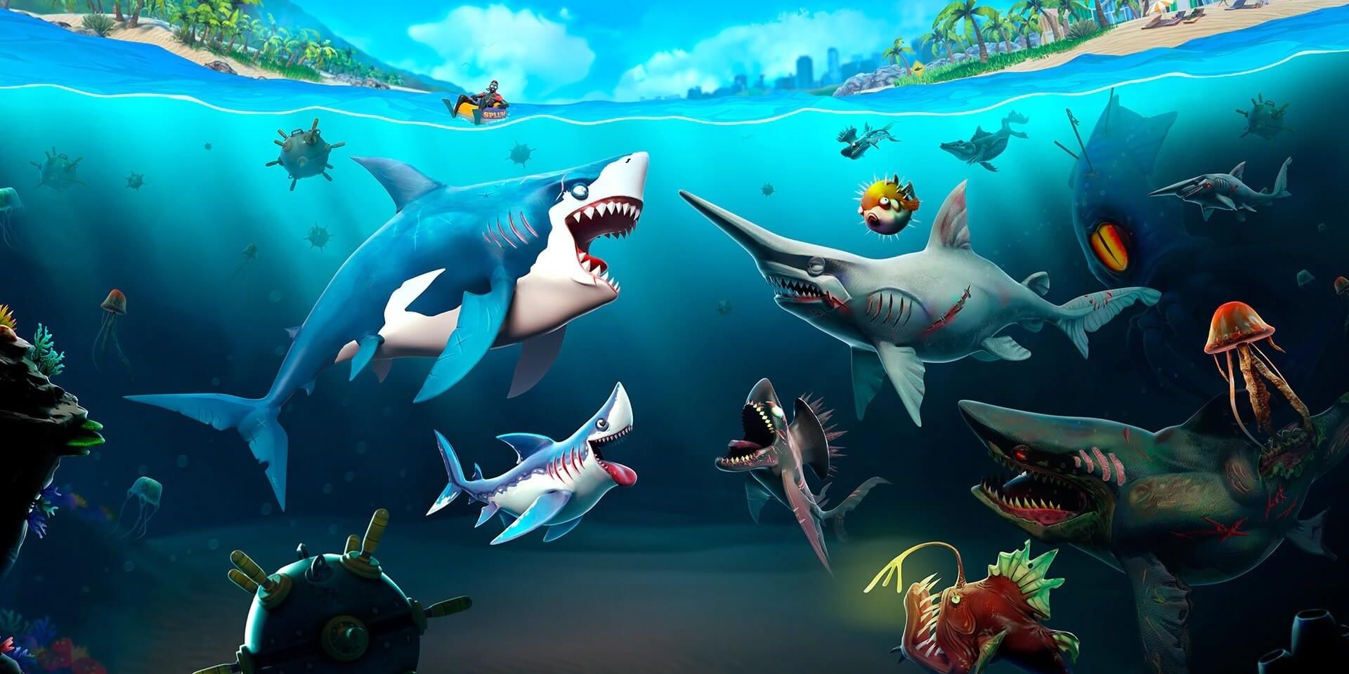 Numerous sharks and sea life in Hungry Shark World
