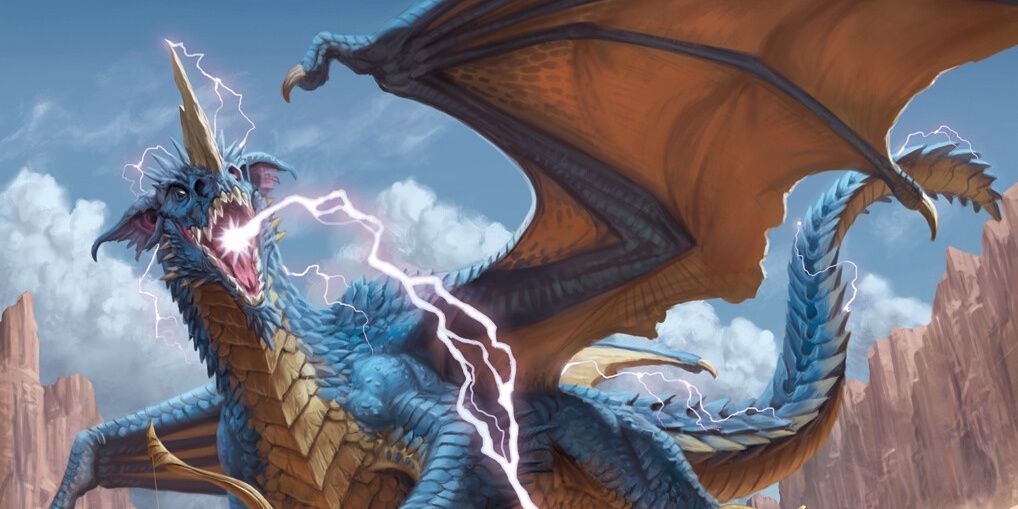 A blue chromatic dragon fires lightning breath.