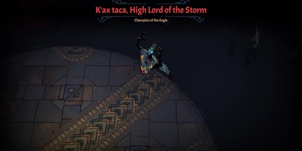 Curse of the Dead Gods K'ax Taca, High Lord of the Storm in his arena at start of the fight