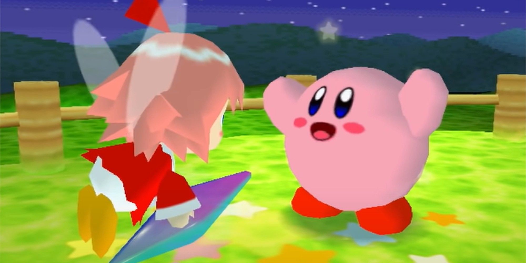 Kirby and the fairy Ribbon converse in a green field