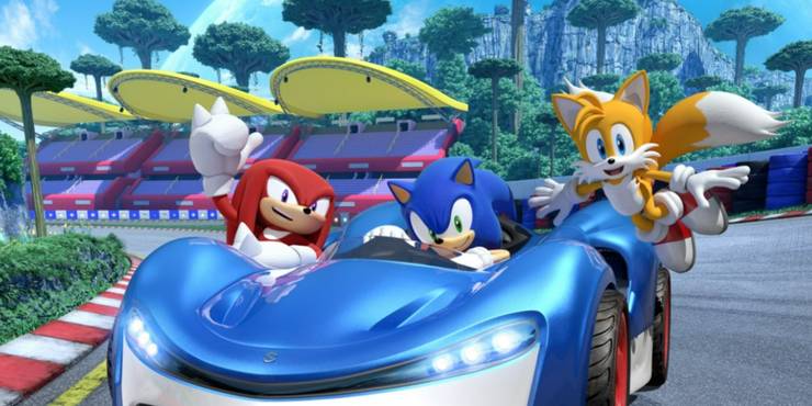 knuckles, sonic, and tails in blue sports car in sonic racing