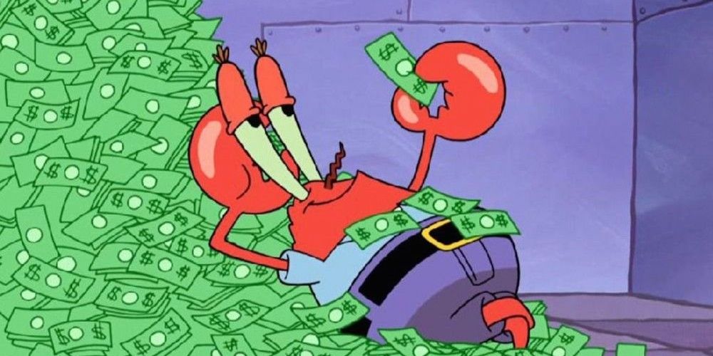 Mr. Krabs next to a pile of money in Spongebob Squarepants