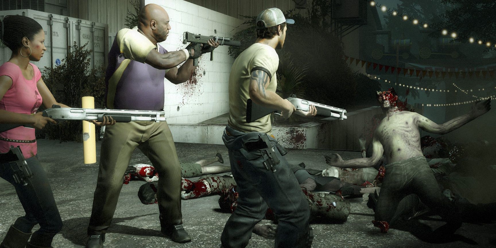 A screenshot showing a group of survivors gunning down a zombie in Left 4 Dead 2