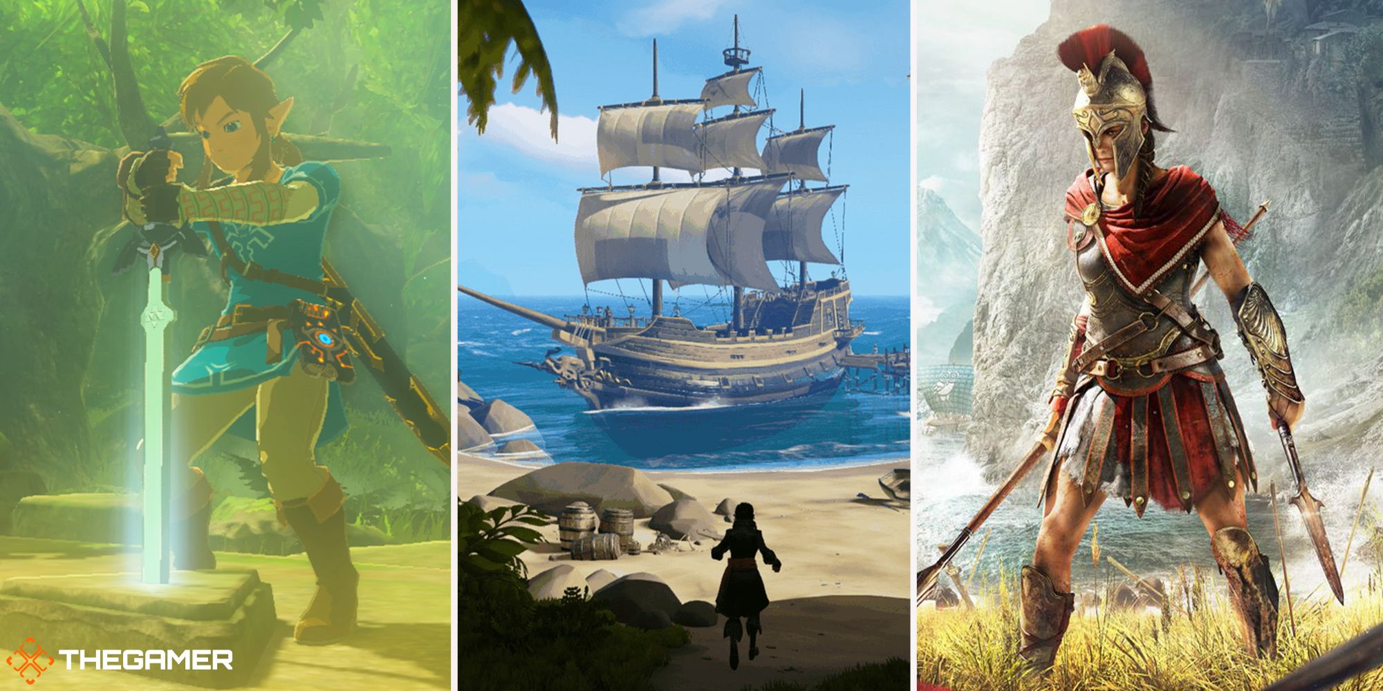 link (breath of the wild) on left, pirate ship (sea of thieves) in centre, kassandra (assassin's creed odyssey) on right