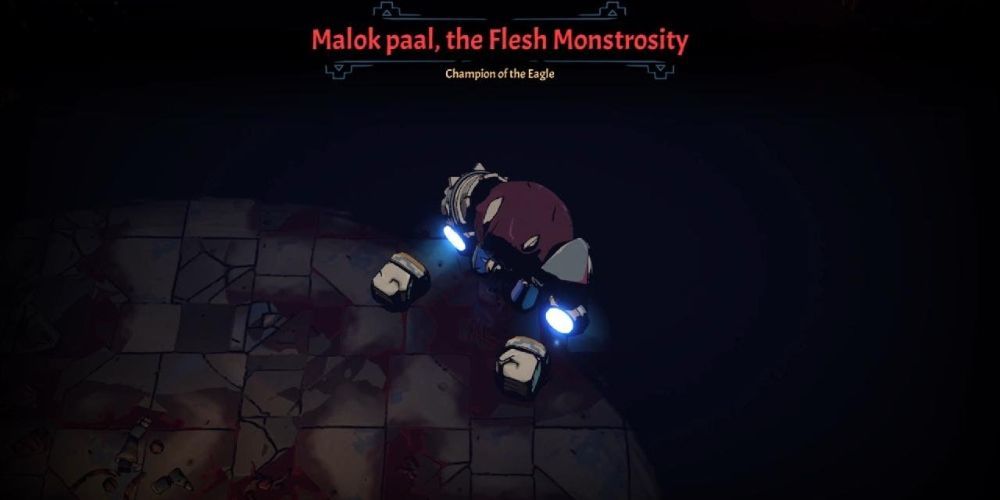 Curse of the Dead Gods Malok paal, the Flesh Monstrosity getting ready to slam the player with his fists at start of combat