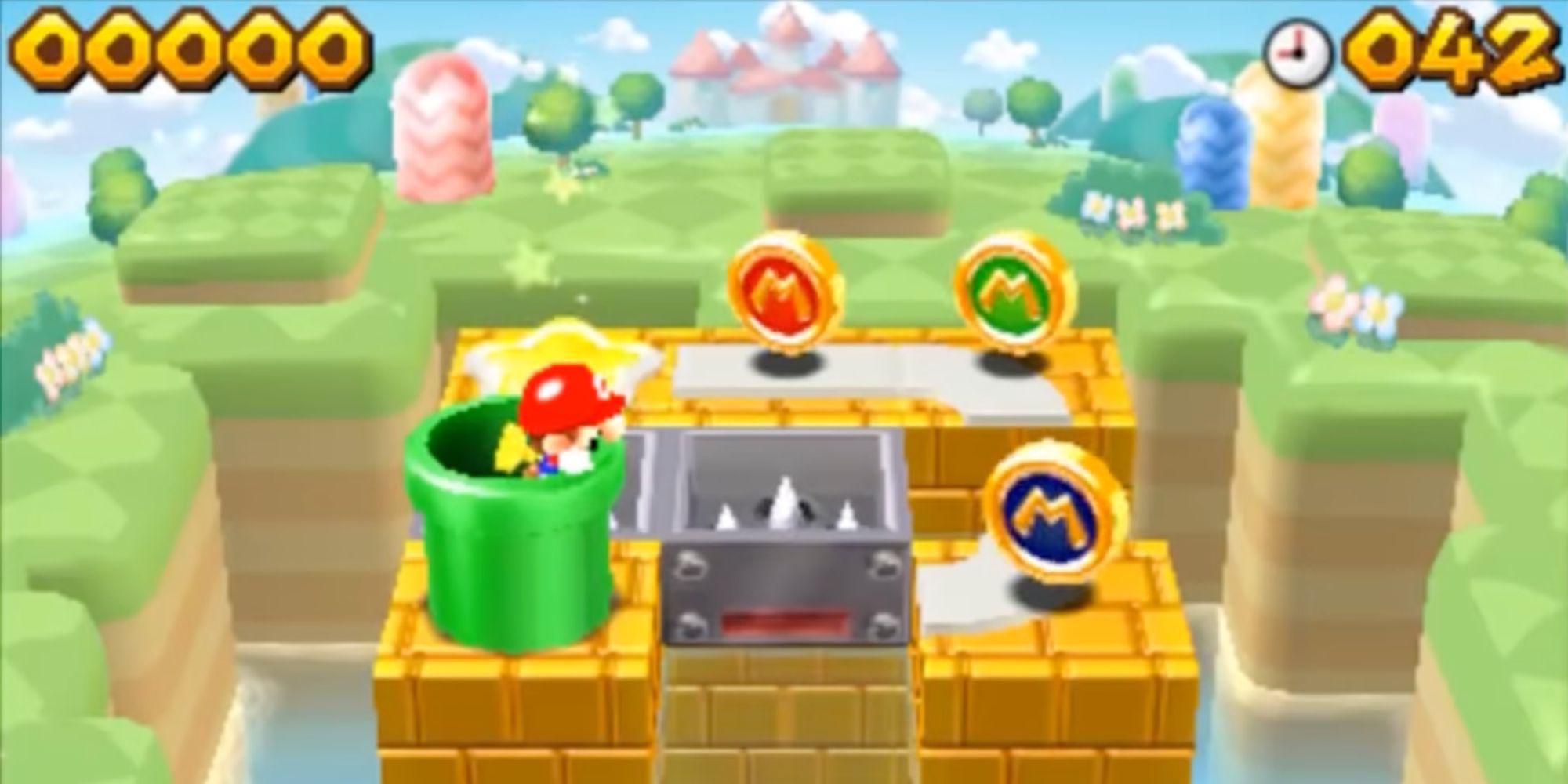 A screenshot from Mario And Donkey Kong: Minis On The Move, showing a mini-Mario doll pondering an obstacle course