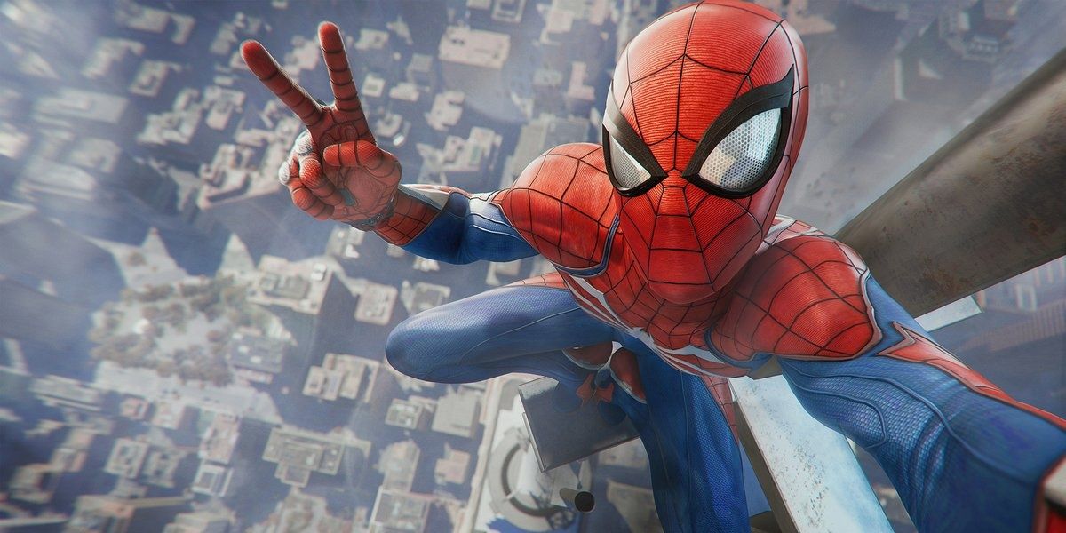 A screenshot showing Spider-Man posing for a selfie in Marvel's Spider-Man