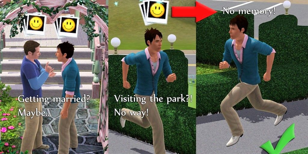 On the left, two Sims get married, and gain a memory for the event. On the right, a Sim visits the park, and with velocitygrass's mod, doesn't get a memory!