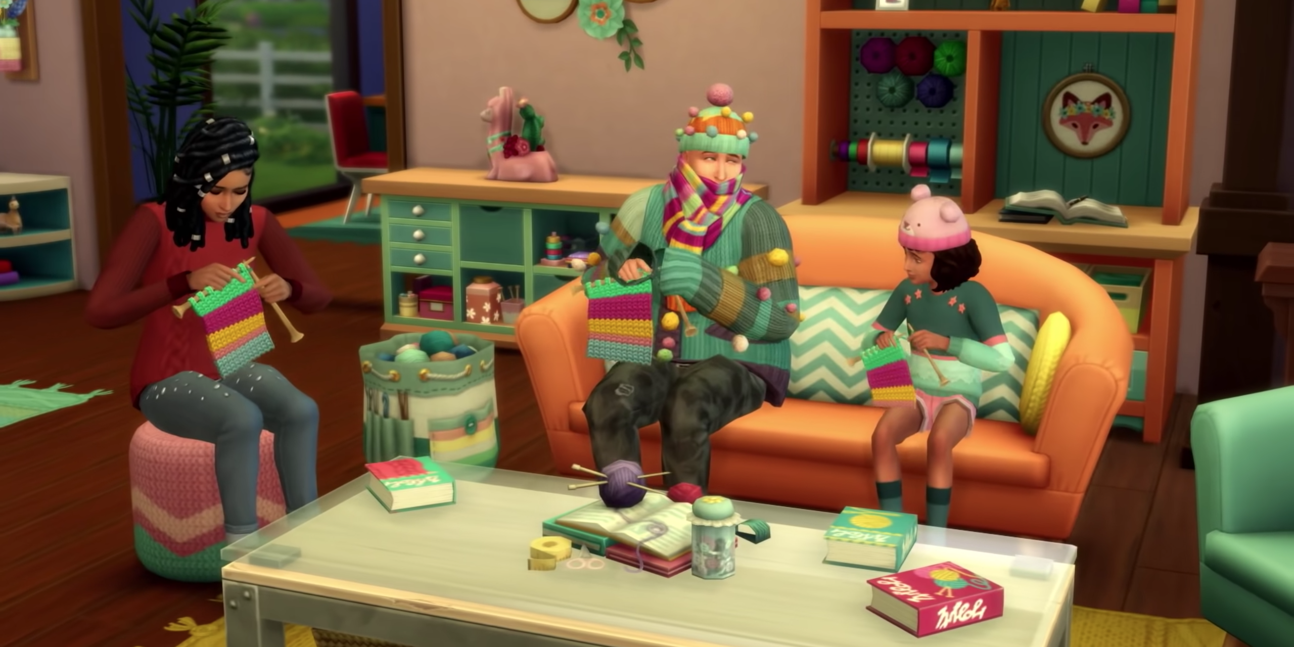 A family of Sims learn how to knit together