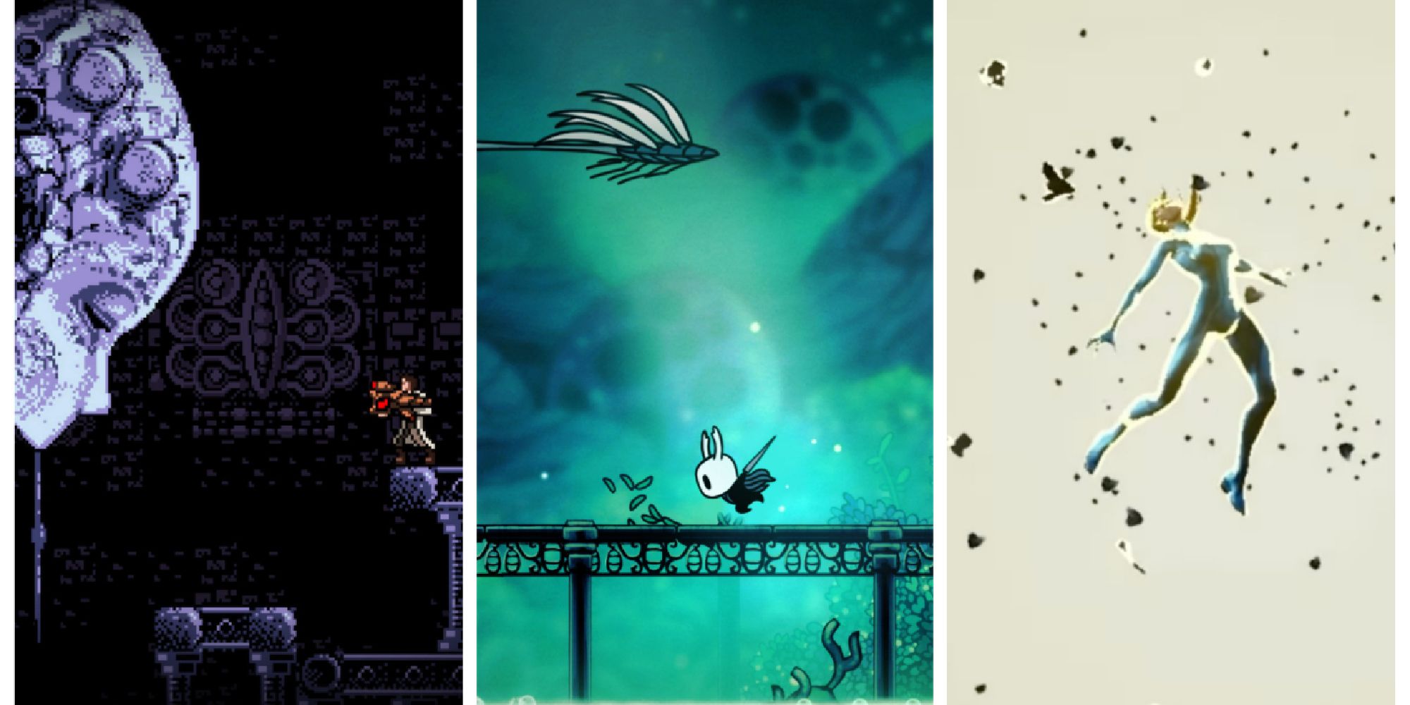 A collage of images from Axiom Verge, Hollow Knight, and Metroid Dread