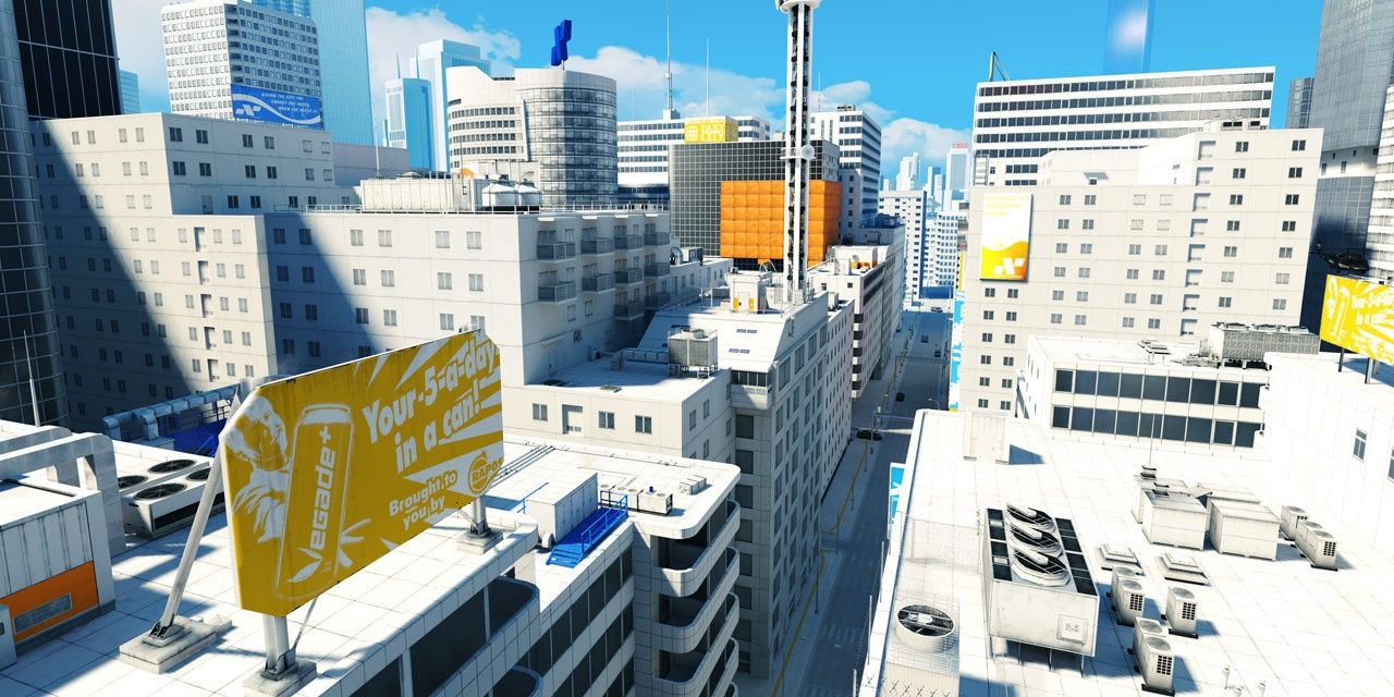 A screenshot showing the rooftops of the city in Mirror's Edge