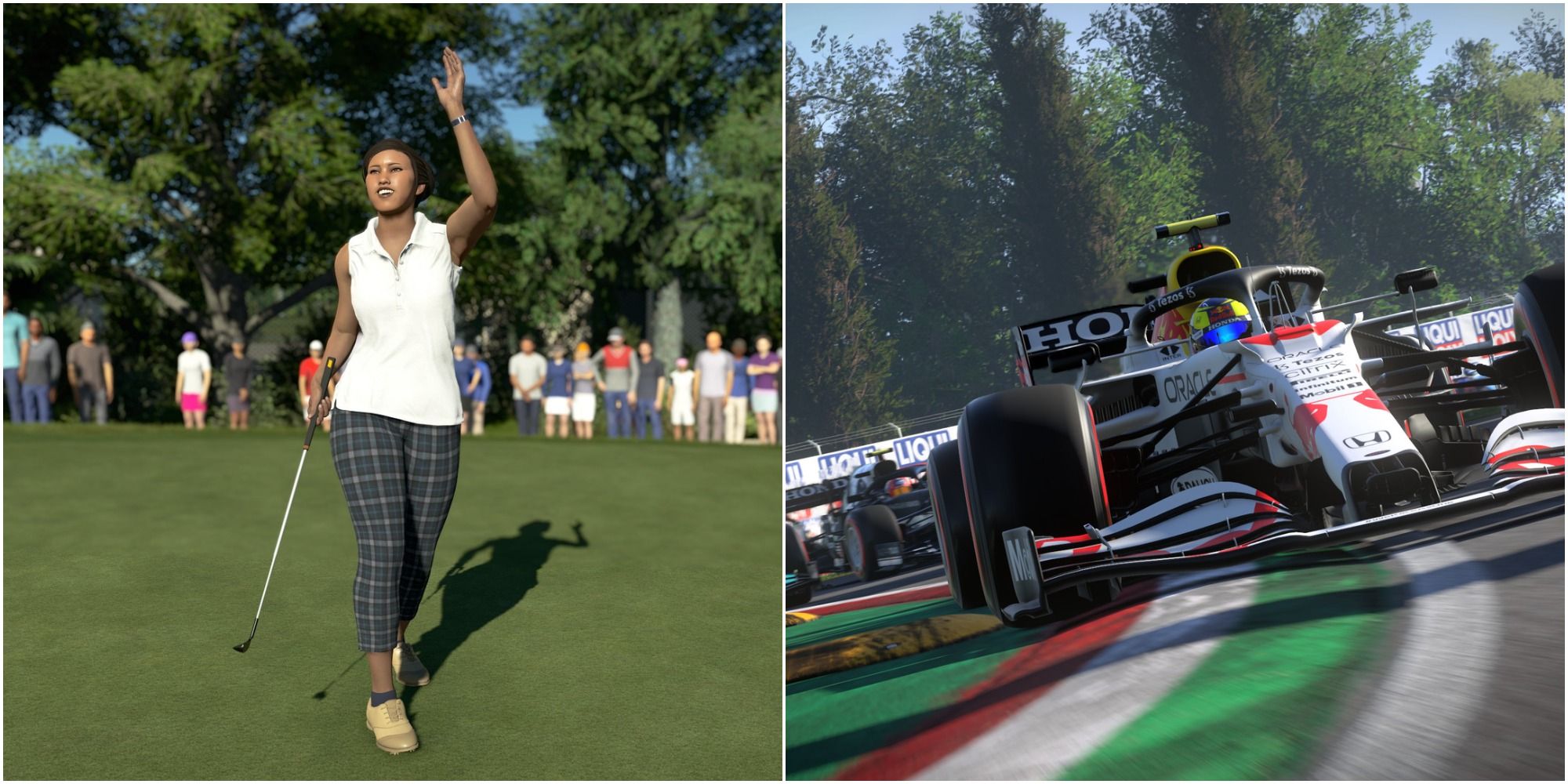 A collage showing gameplay in PGA Tour 2K21 and F1 2021