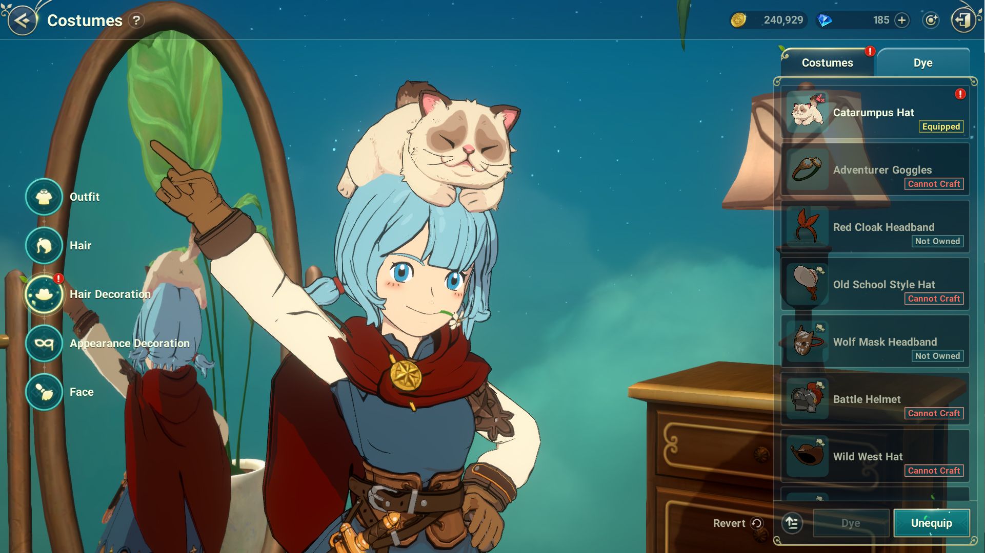 ni no kuni equipping the catarumpus hat in costume menu