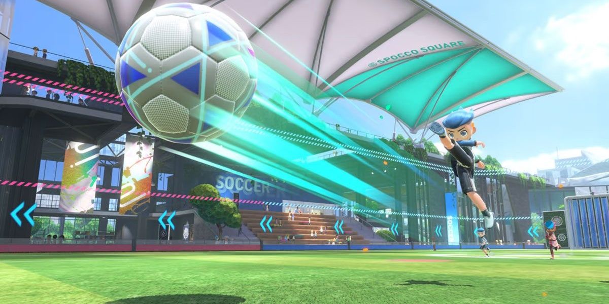 athlete posed in the air after kicking while soccer ball is flying towards goal offscreen at a fast pace