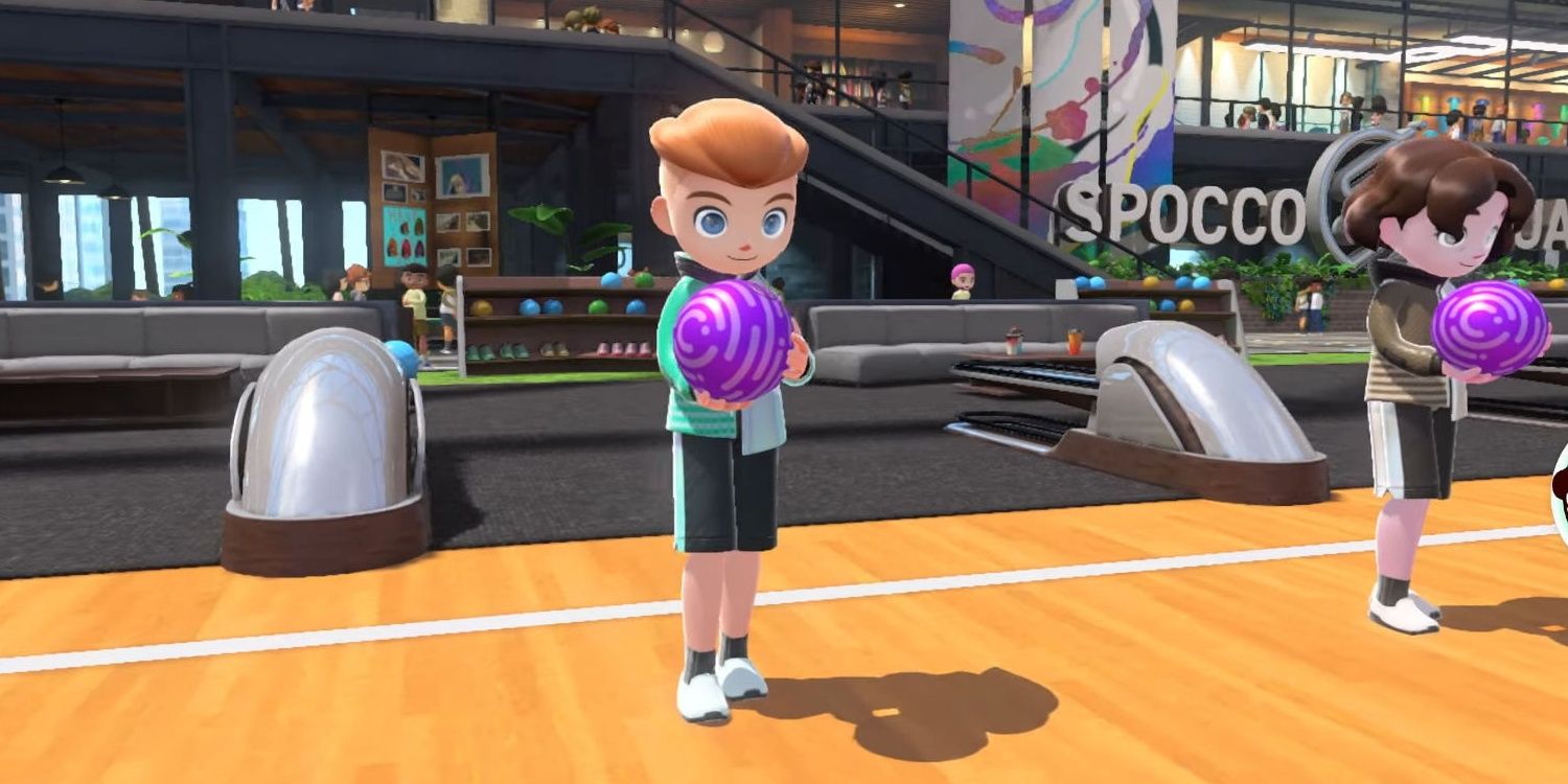 A screenshot showing bowling in Nintendo Switch Sports