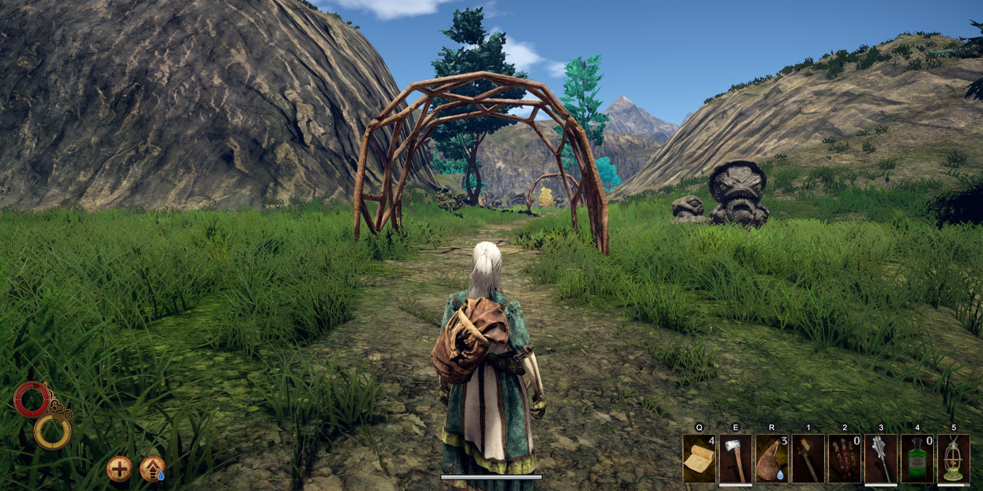 player looking at path with wooden arches