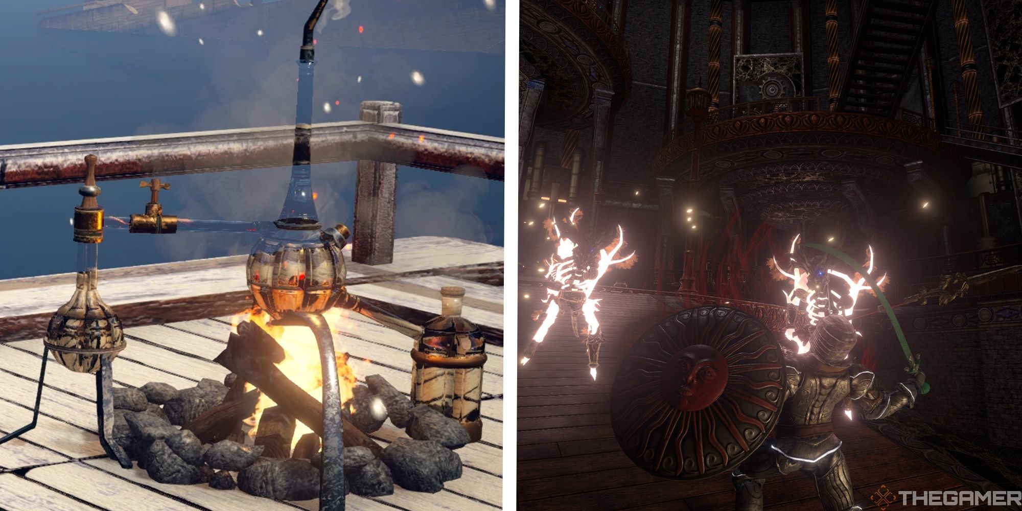 image of alchemy kit next to image of player in combat