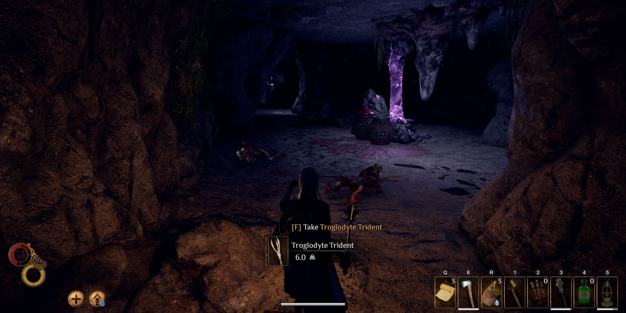 player in a small cave looting a trident