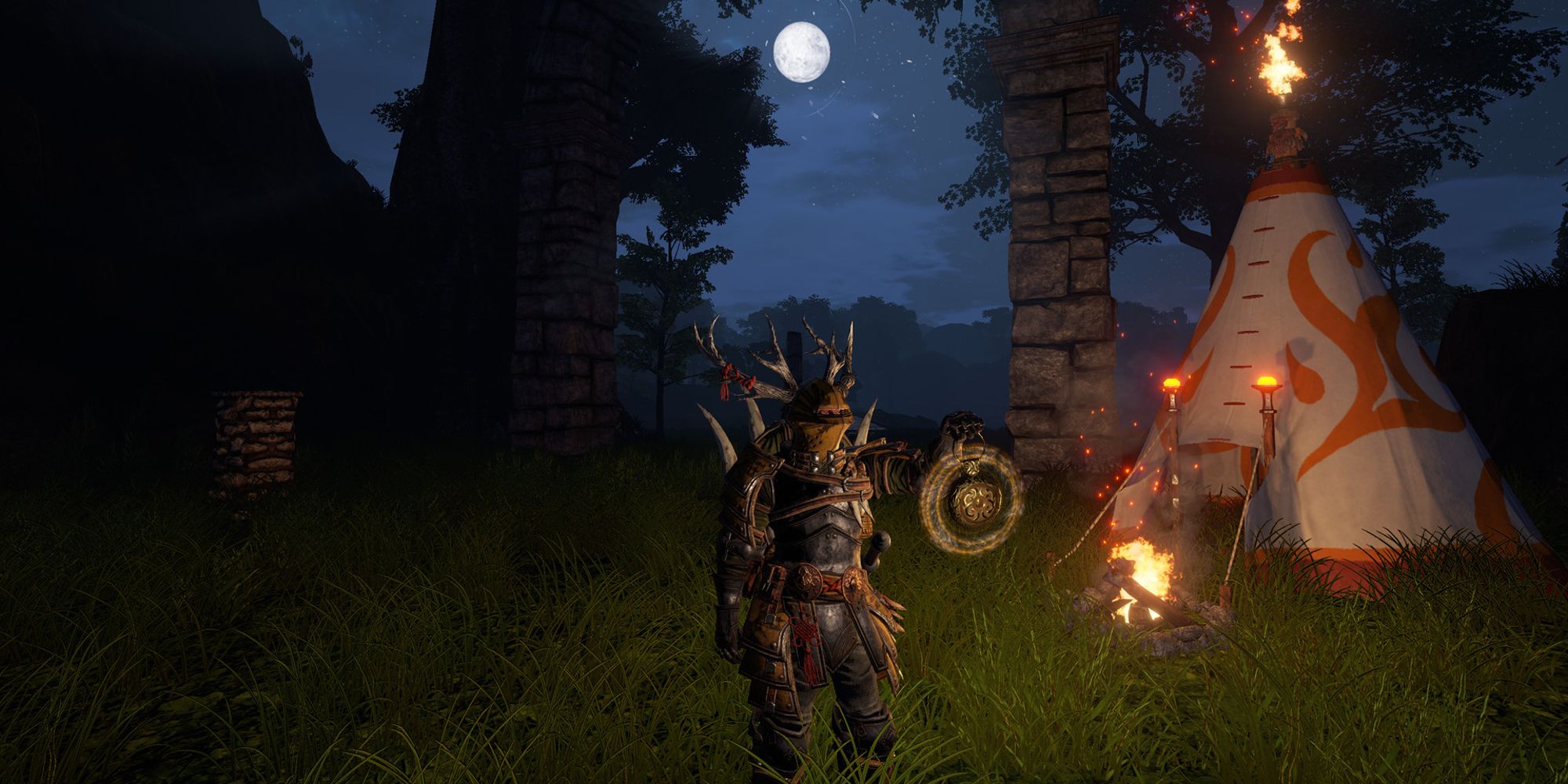 player holding lantern in front of tent