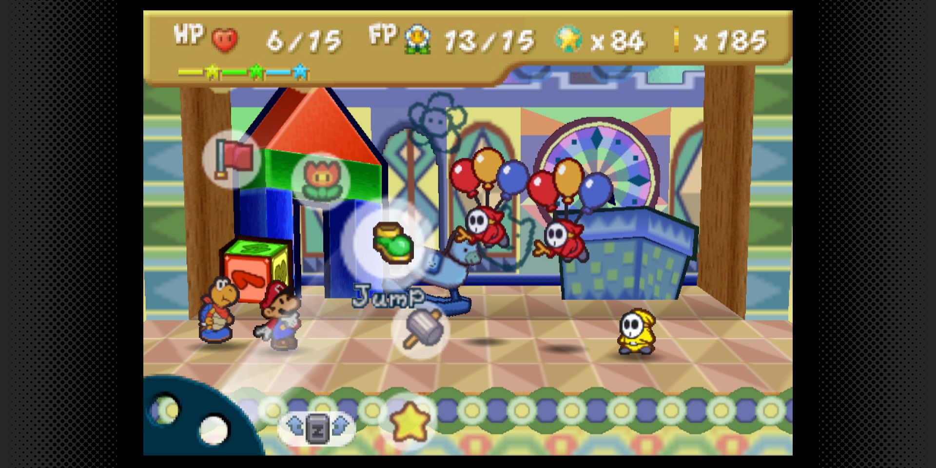 A screenshot showing a battle between Mario and some shyguys in Paper Mario