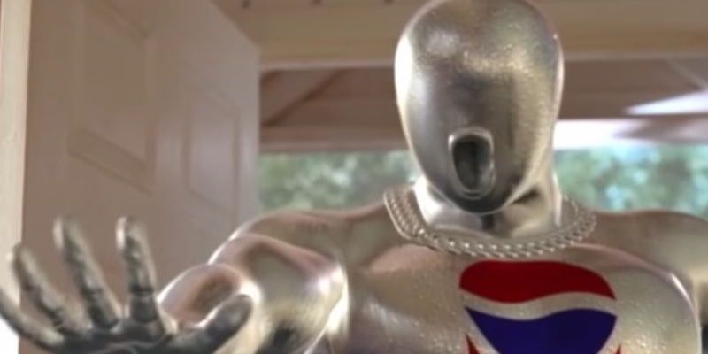 Pepsiman posing in a commercial