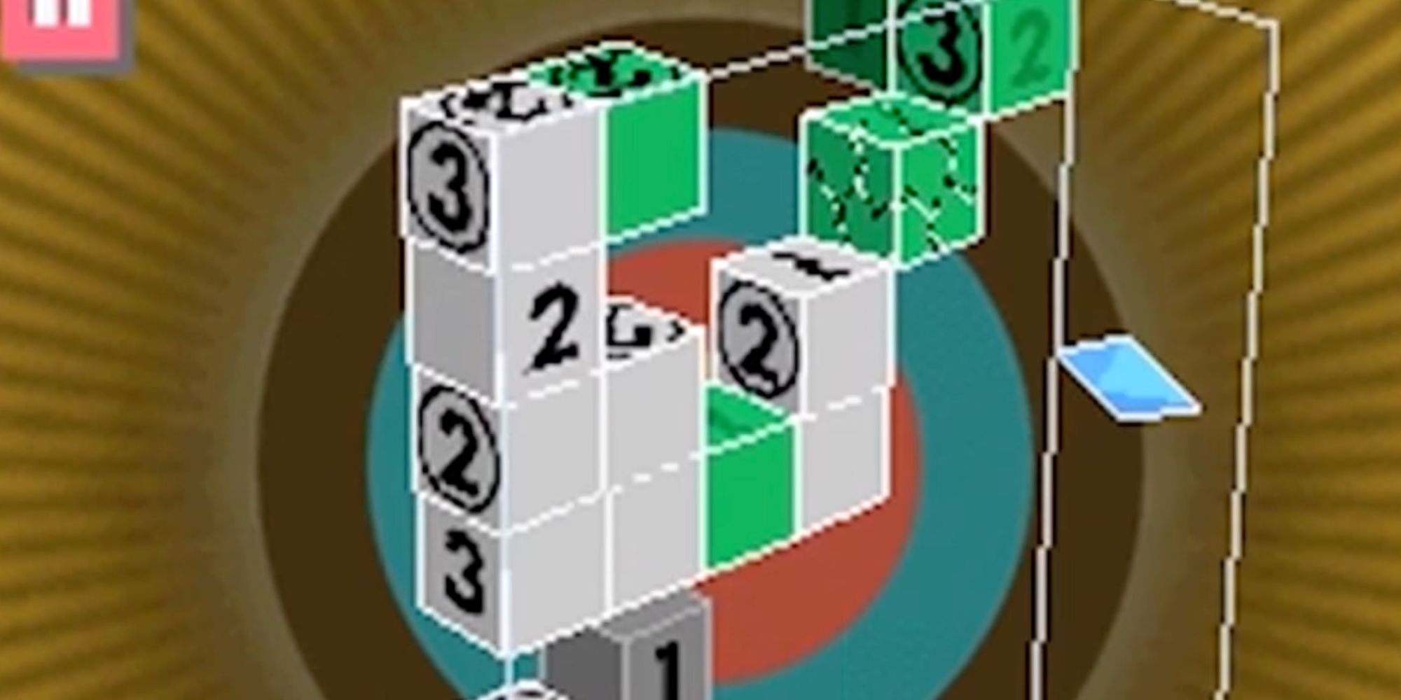 A screenshot from Picross 3D, showing a field of 3D blocks that must be formed into a shape