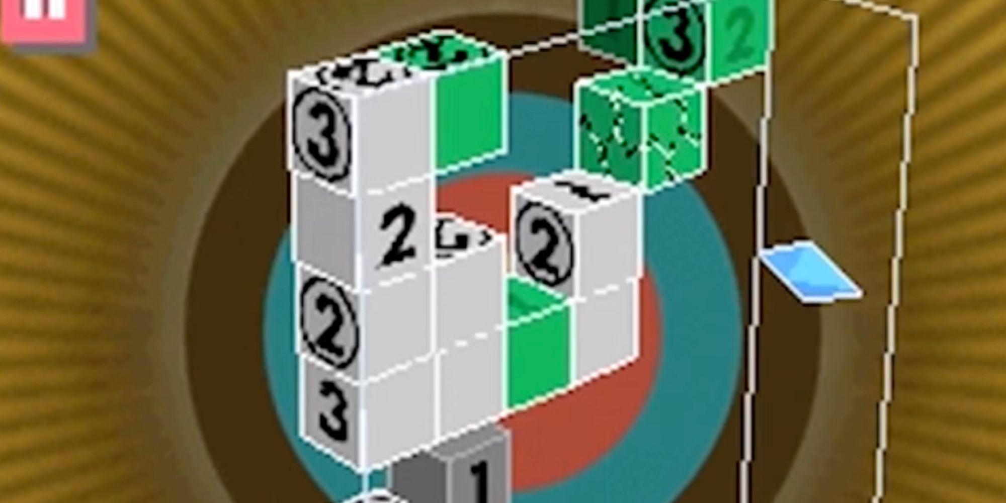 A screenshot from Picross 3D, showing a field of 3D blocks that must be formed into a shape.