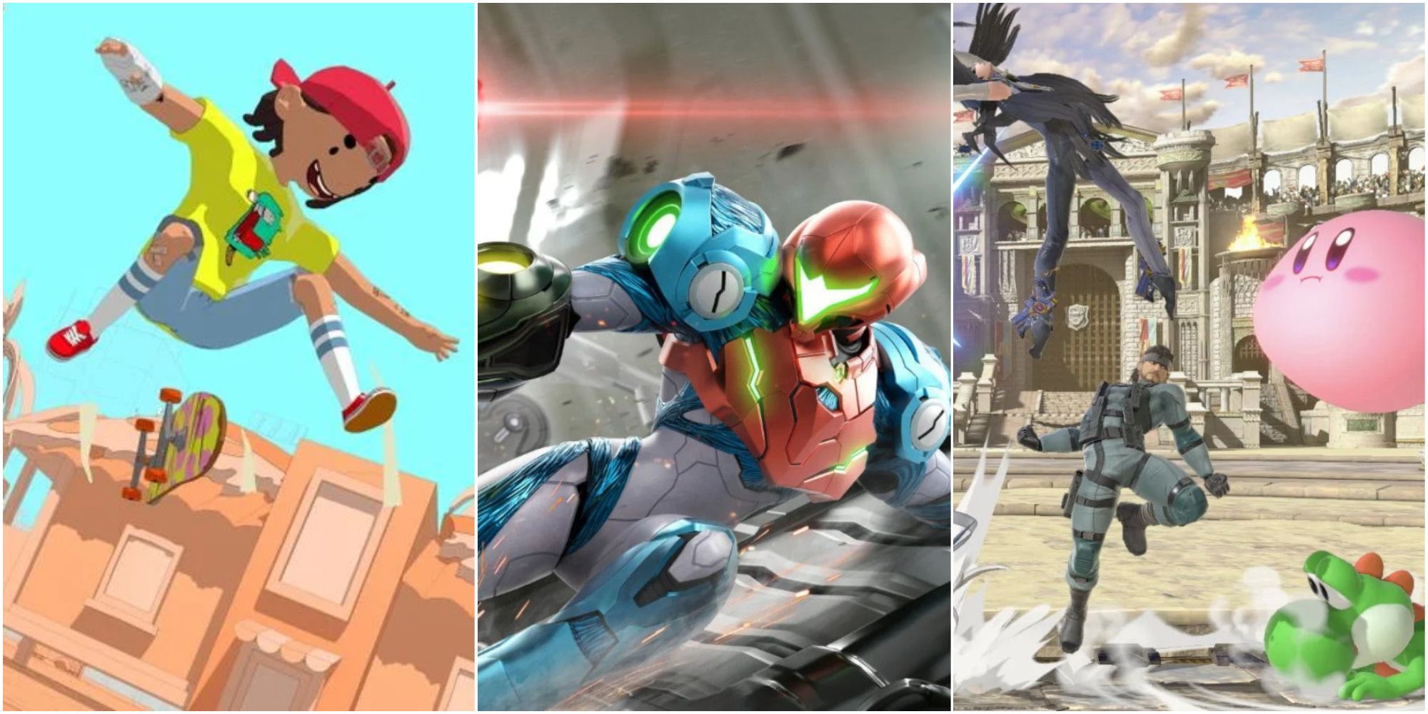 A collage of screenshots from OlliOlli World, Metroid Dread, and Super Smash Bros. Ultimate