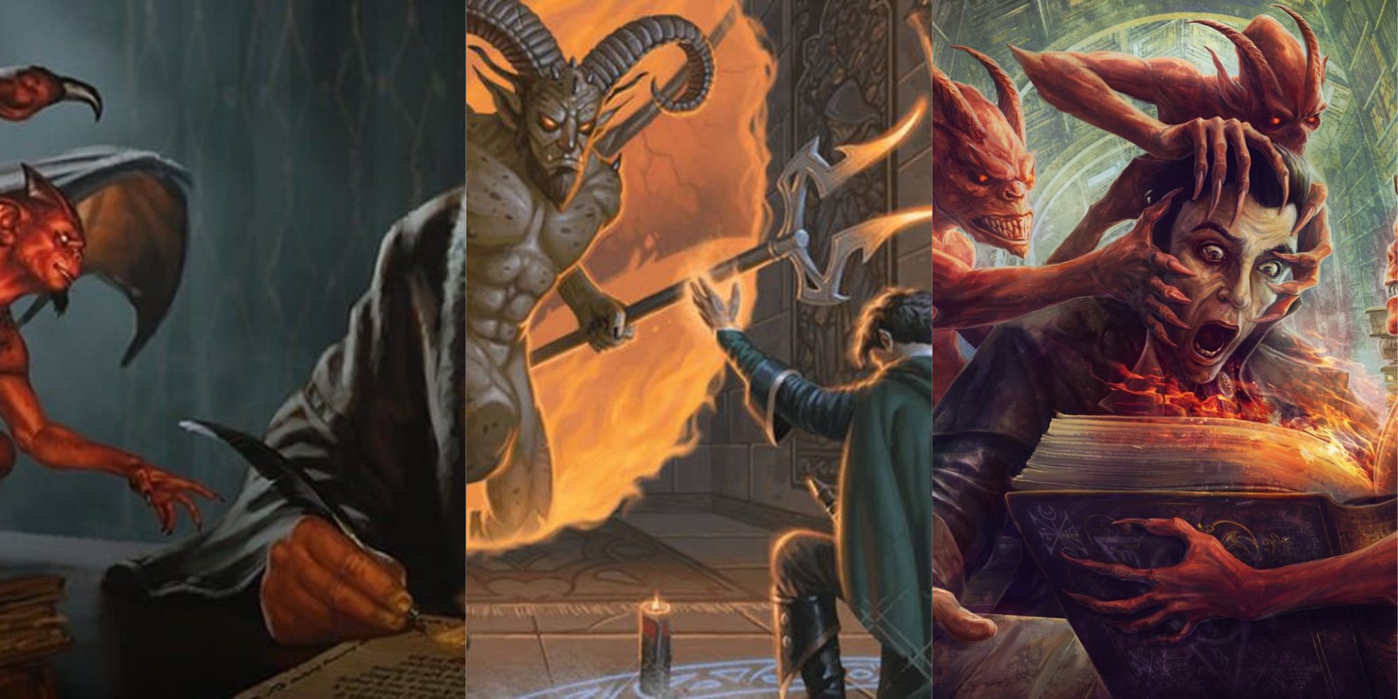 a series of images featuring a warlock making a pact with fiends