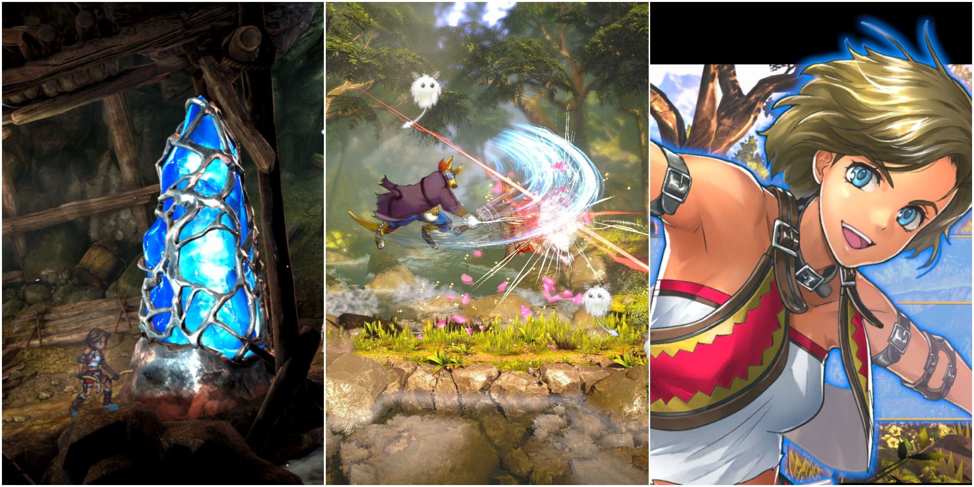 on the left is CJ from Eiyuden Chronicle: Rising next to a large blue boulder, in the middle is Garoo fighting enemies and on the right is a portrait of CJ
