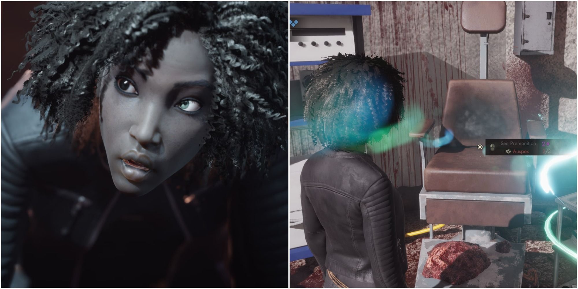 Vampire The Masquerade Swansong - collage of emem close up and emem looking at a medical chair