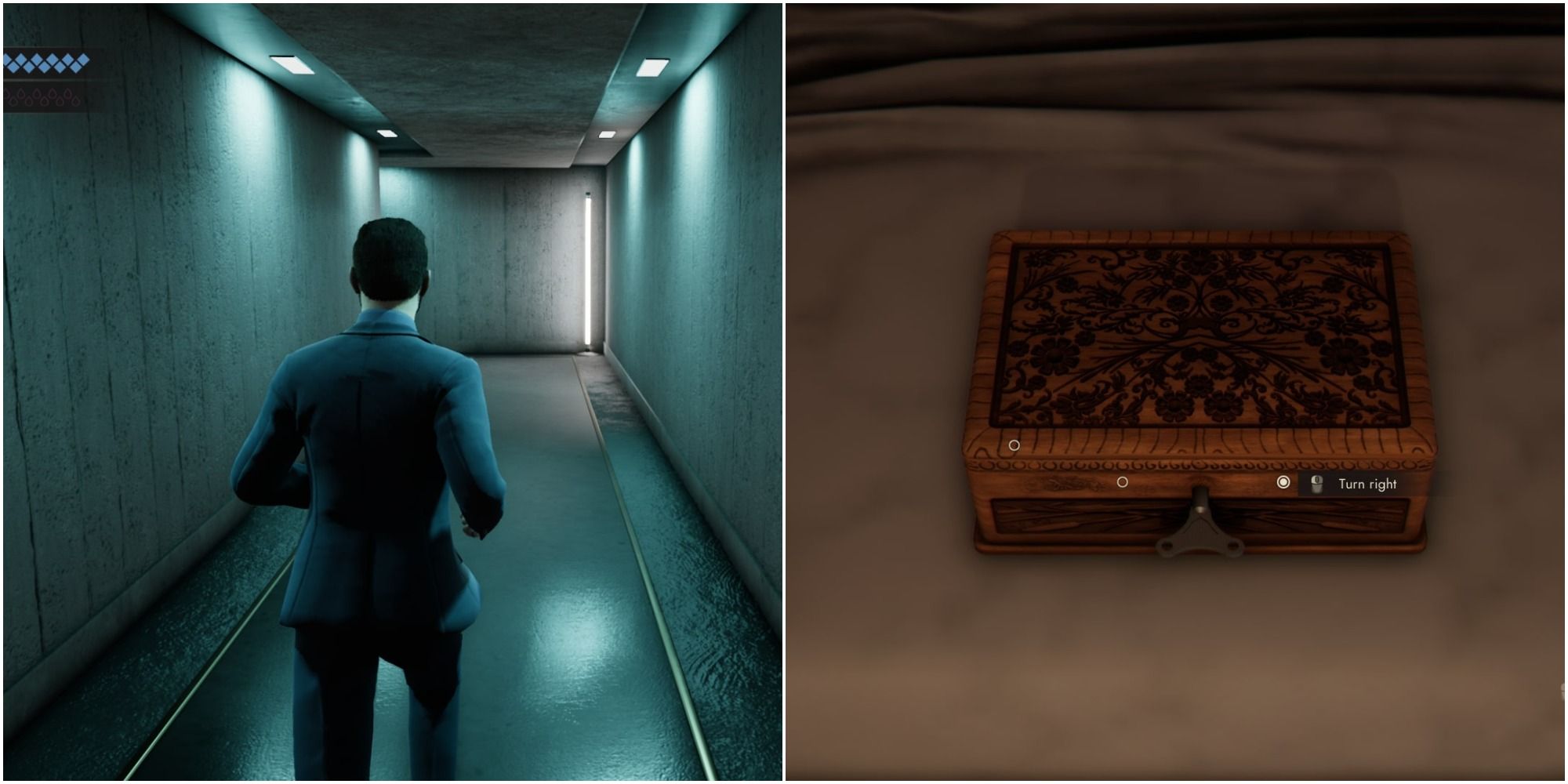 Vampire The Masquerade Swansong - collage of galeb running down a corridor and a lockbox