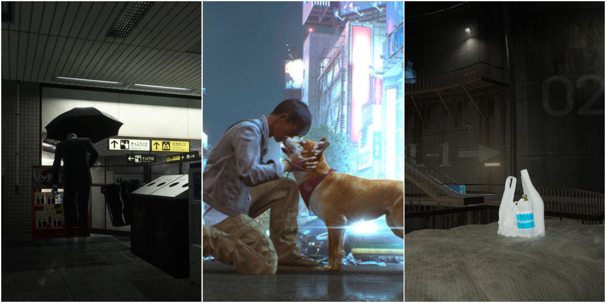 on the left is a visitor with its back turned, in the middle is Akito petting a dog and on the right is a solitary shopping bag