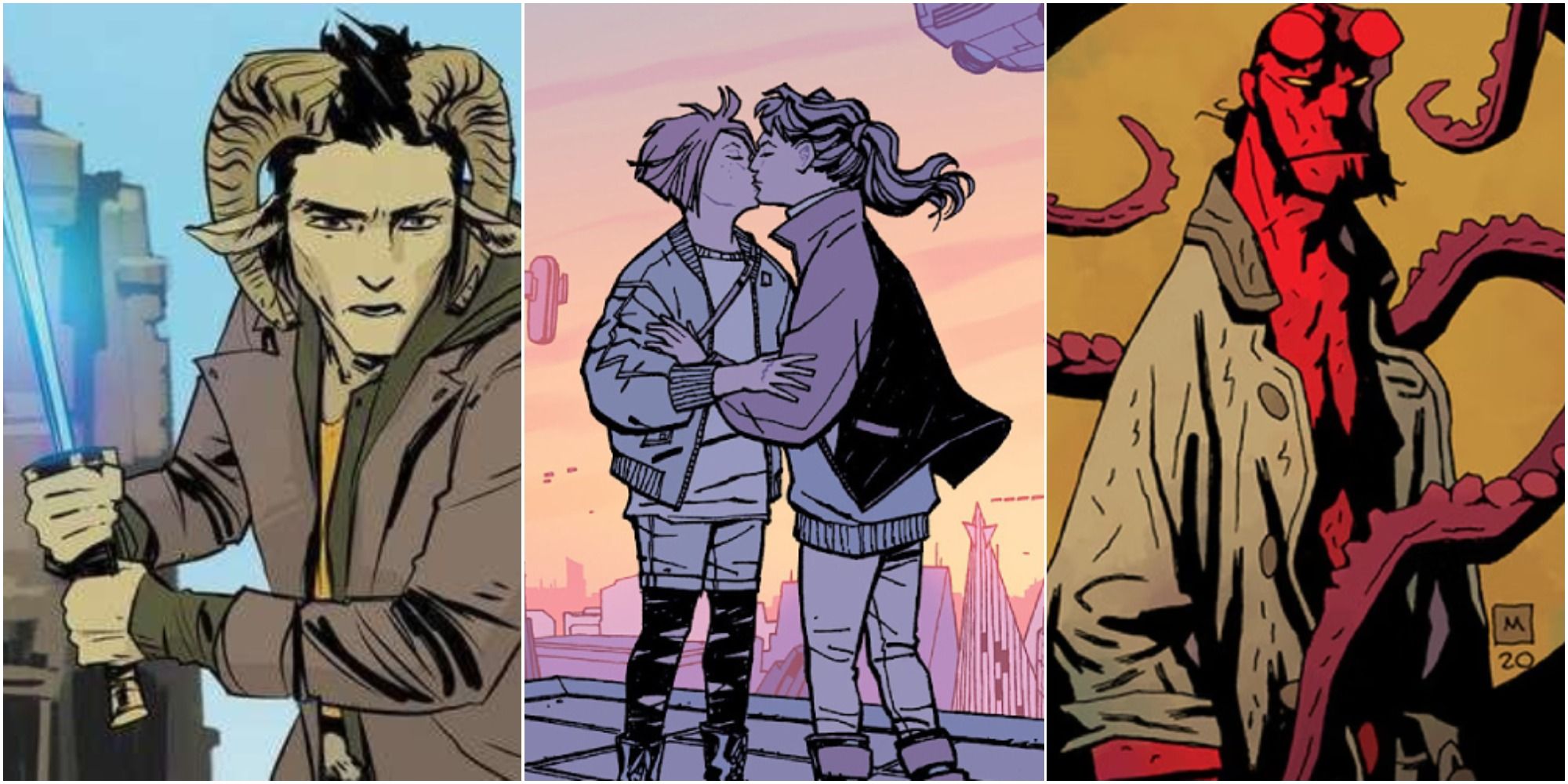 on the left is Marko from Saga, in the middle is KJ and Mac from Paper Girls and on the right is Hellboy from Hellboy