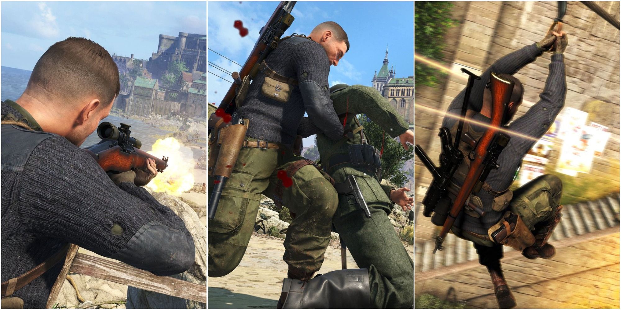 Sniper Elite 5 - collage of sniper shot, stealth kill, and zip line