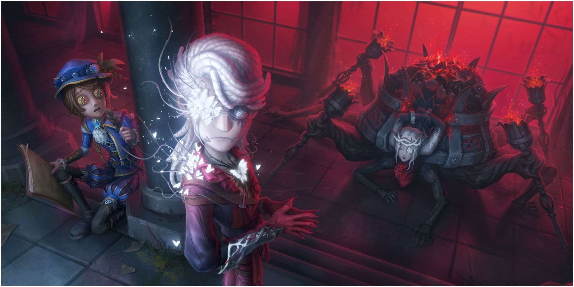 Identity V Man In Red, Painter Violetta, and Mercenary Naib looking towards the viewer