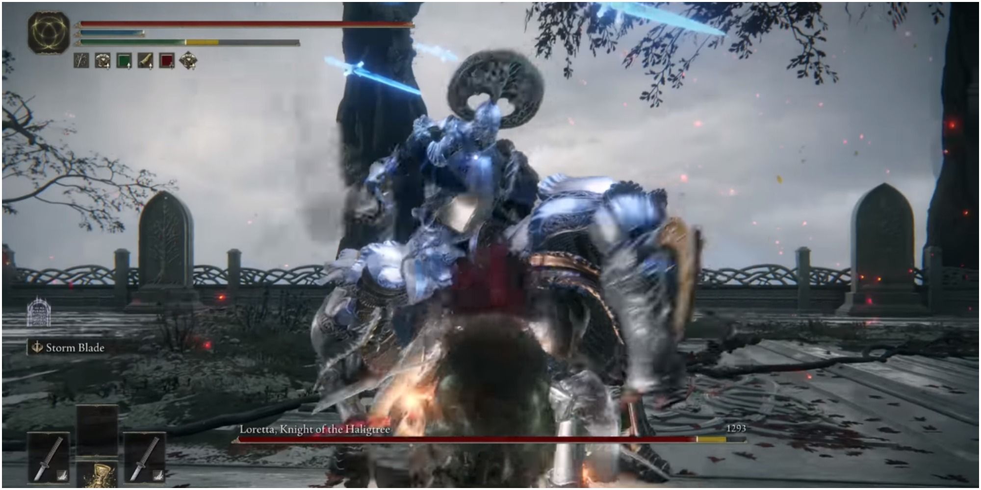 The player using a melee weapon to attack the boss.