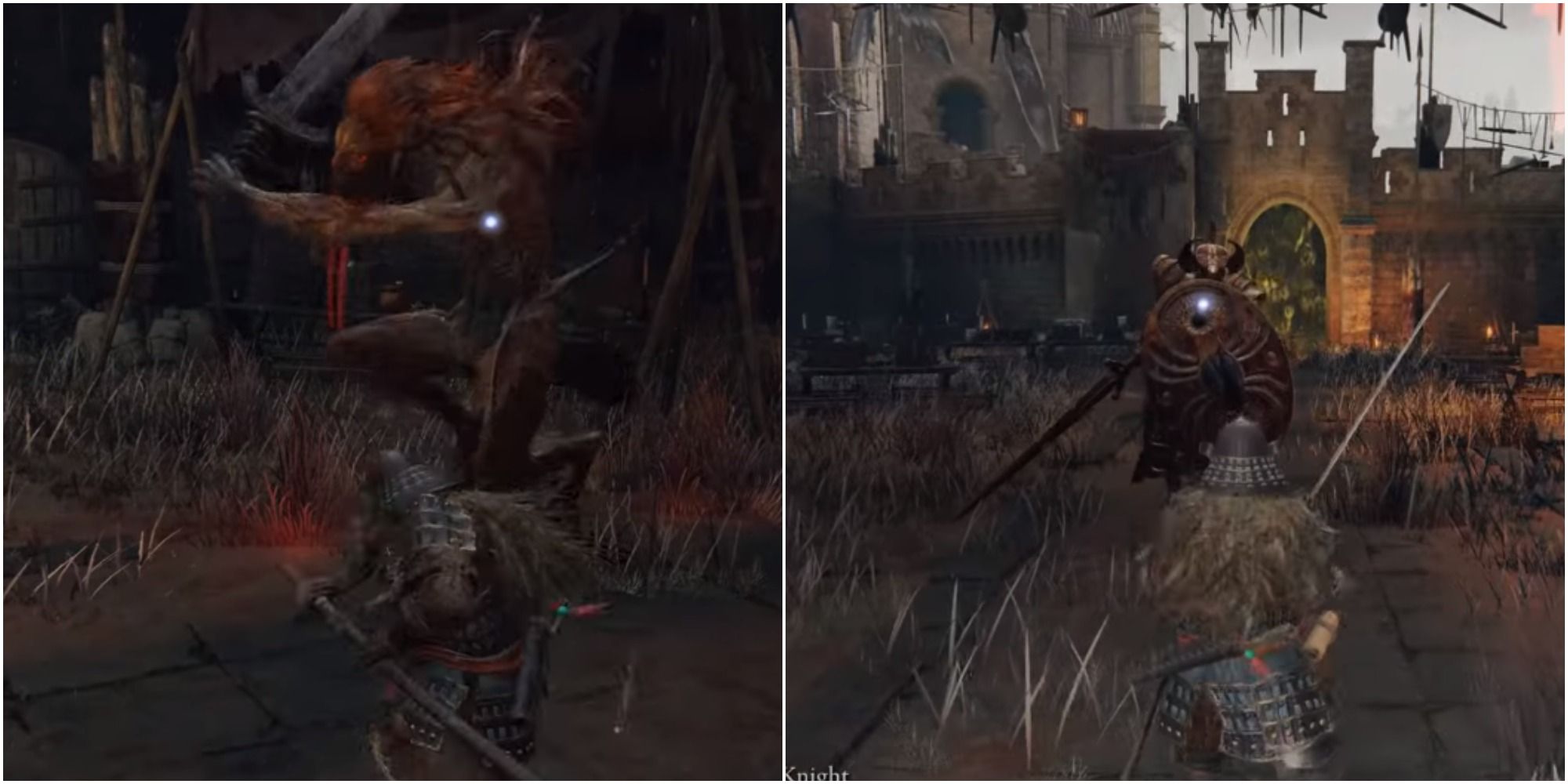 Split images showing the duo fight with Crucible Knight and Misbegotten Warrior.